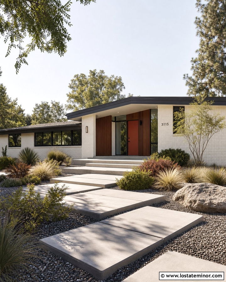 Warm White Midcentury House With Low Wide Steps - 30 Warm White House Design With Steps Ideas