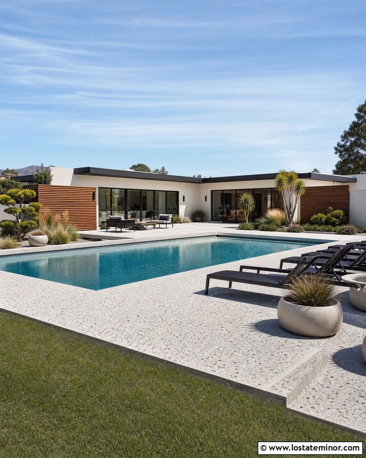 Warm White Midcentury House With Pool Deck - 30 Warm White House Design With Backyard Ideas