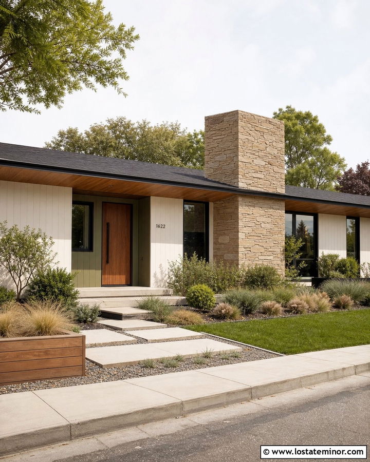Warm White Midcentury House With Slab Stone Chimney - 30 Warm White House Design With Chimney Ideas