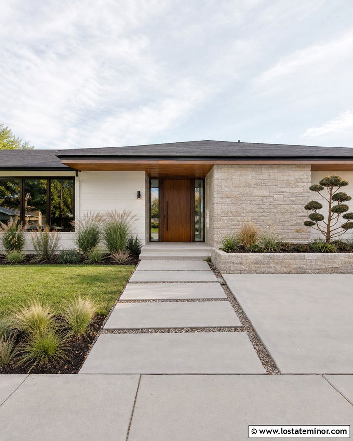Warm White Midcentury House With Stone Wall - 30 Warm White House Design With Stone Accents Ideas