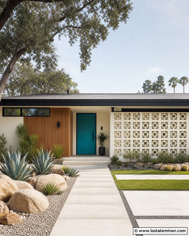 Warm White Midcentury House With Turquoise Front Door - 30 Warm White House Design With Front Door Ideas