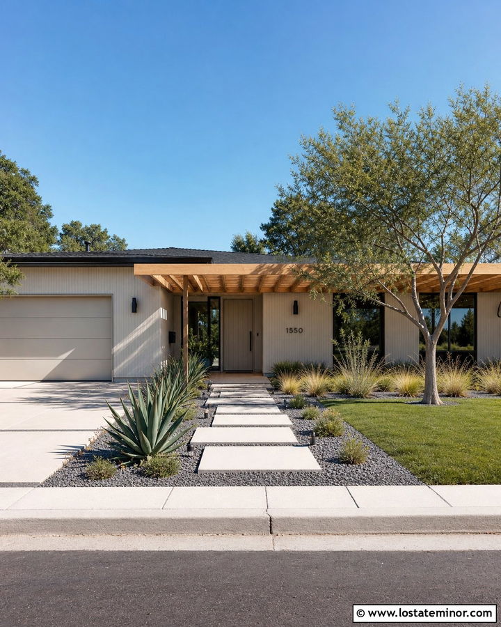 Warm White Midcentury Modern House With Flat Pergola - 30 Warm White House Design With Pergola Ideas