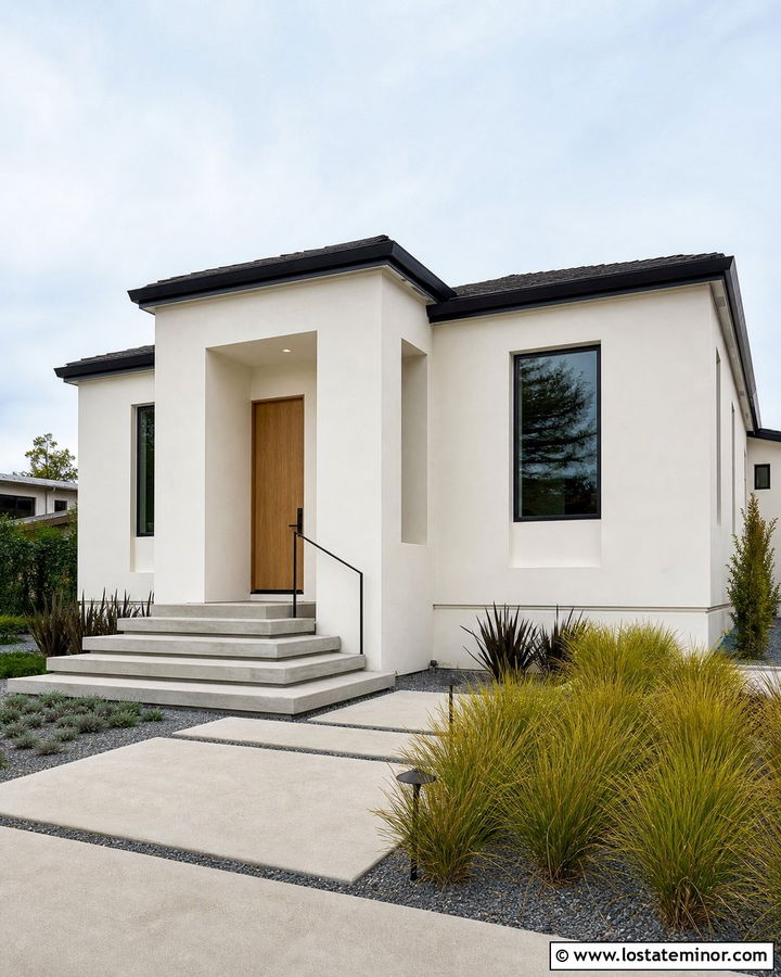 Warm White Minimalist House With Floating Steps - 30 Warm White House Design With Steps Ideas