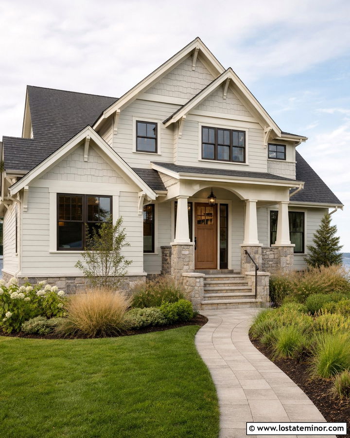 Warm White Mixed Siding With Gable Shingles - 30 Warm White House Design With Siding Ideas