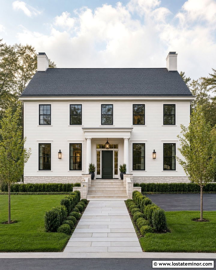 Warm White Modern Colonial With Stone Foundation - 30 Warm White House Design With Stone Accents Ideas