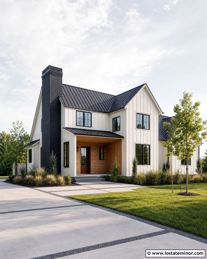 Warm White Modern Farmhouse With Black Brick Chimney - 30 Warm White House Design With Chimney Ideas