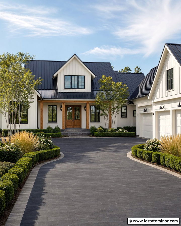 Warm White Modern Farmhouse With Black Paver Driveway - 30 Warm White House Design With Driveway Ideas