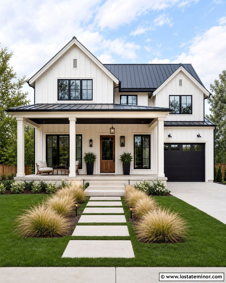 Warm White Modern Farmhouse With Black Porch Ceiling - 30 Warm White House Design With Porch Ceiling Ideas