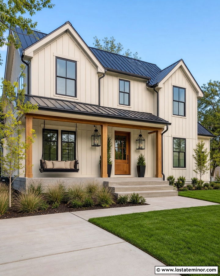 Warm White Modern Farmhouse With Black Swing - 30 Warm White House Design With Swing Ideas