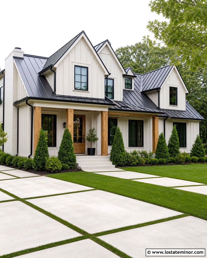 Warm White Modern Farmhouse With Black Trim - 30 Warm White House Design With Dormers Ideas