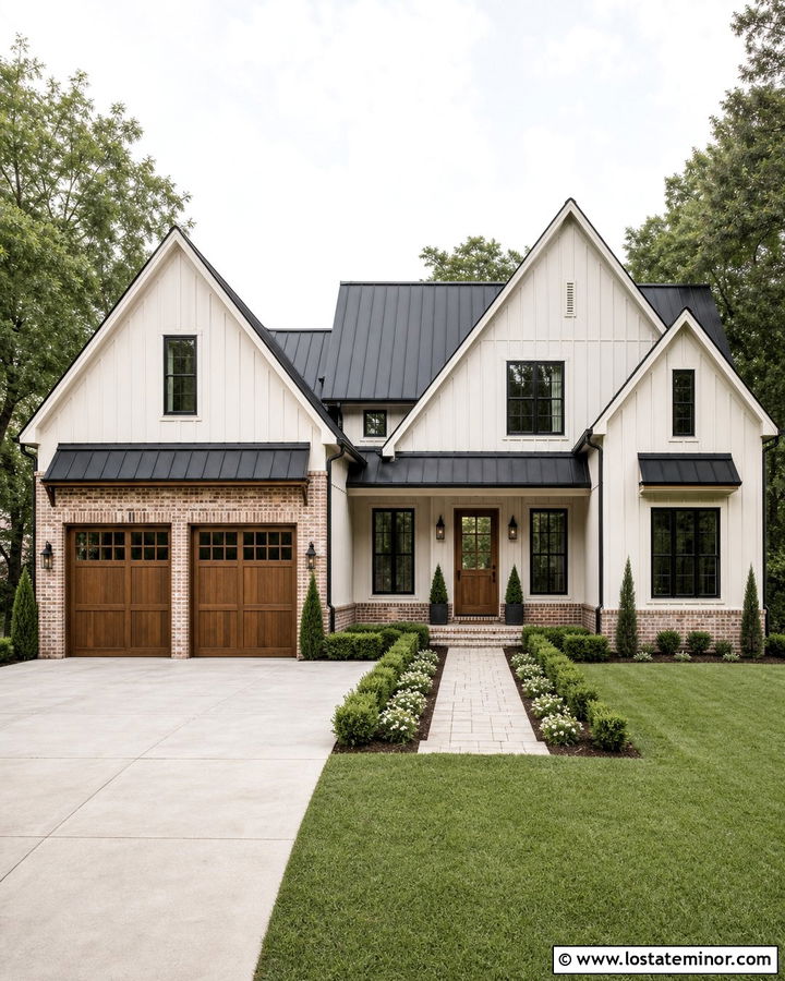 Warm White Modern Farmhouse With Brick Garage - 30 Warm White House Design With Brick Accents Ideas