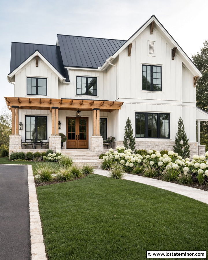 Warm White Modern Farmhouse With Cedar Pergola - 30 Warm White House Design With Pergola Ideas