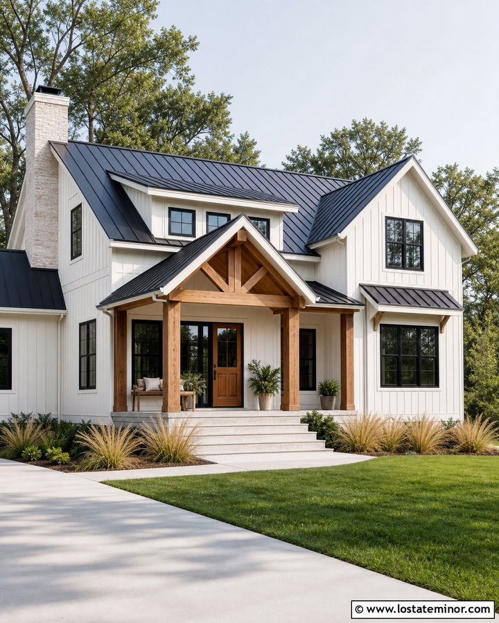 Warm White Modern Farmhouse With Gabled Portico - 30 Warm White House Design With Portico Ideas