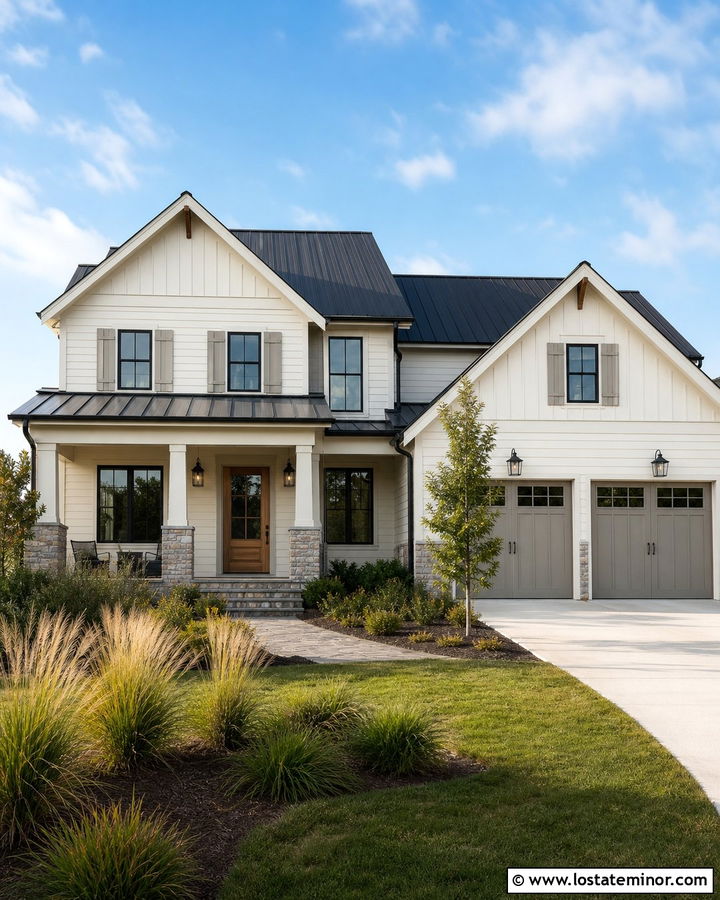 Warm White Modern Farmhouse With Greige Shutters - 30 Warm White House Design With Shutters Ideas