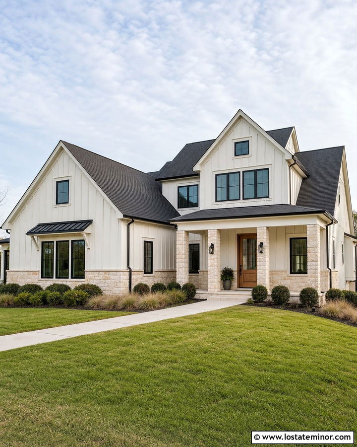 Warm White Modern Farmhouse With Limestone - 30 Warm White House Design With Stone Accents Ideas