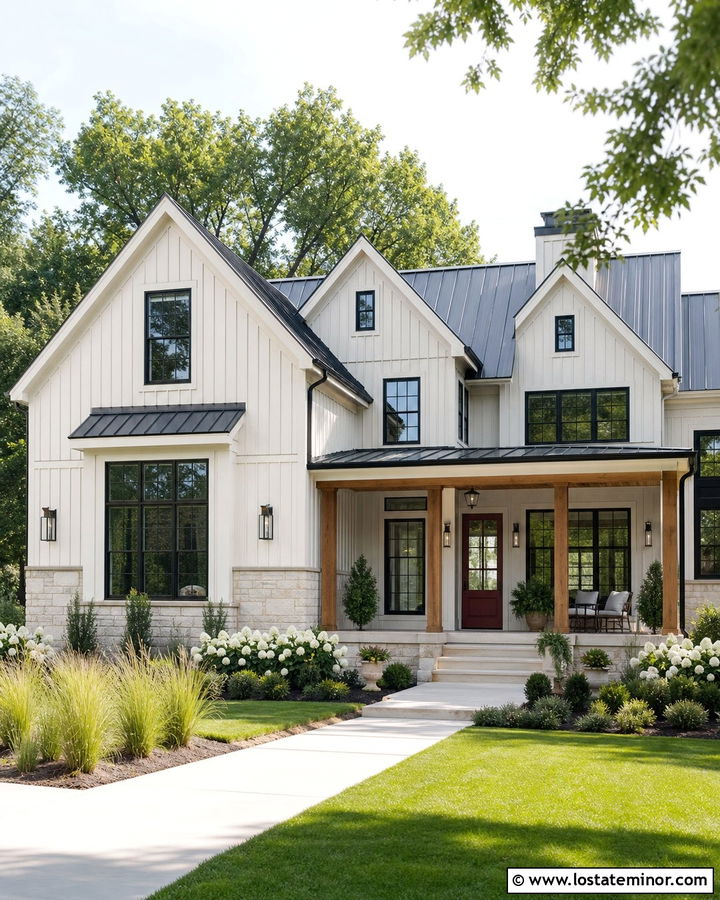Warm White Modern Farmhouse With Red Front Door - 30 Warm White House Design With Front Door Ideas
