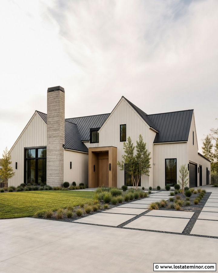 Warm White Modern Gable House With Concrete Chimney - 30 Warm White House Design With Chimney Ideas