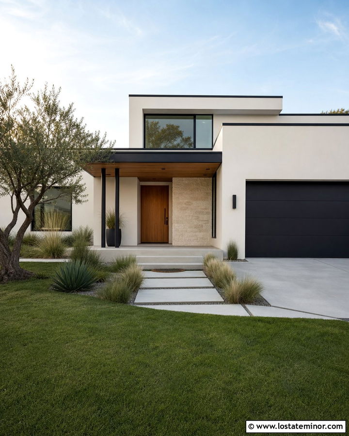 Warm White Modern House With Black Porch Columns - 30 Warm White House Design With Porch Columns Ideas