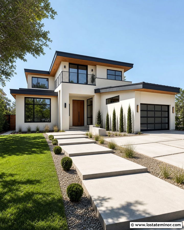 Warm White Modern House With Concrete Slab Walkway - 30 Warm White House Design With Walkway Ideas