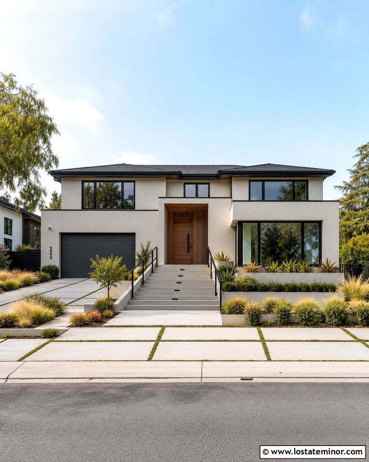 Warm White Modern House With Concrete Steps - 30 Warm White House Design With Steps Ideas