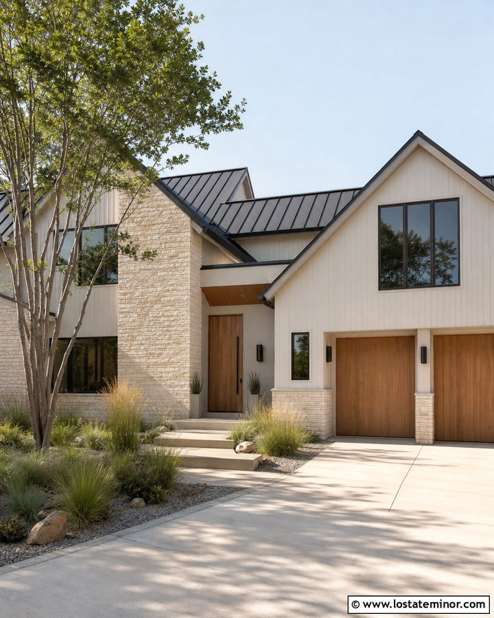 Warm White Modern House With Dry Stack Stone - 30 Warm White House Design With Stone Accents Ideas