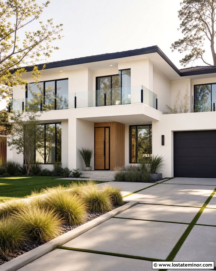 Warm White Modern House With Glass Railings - 30 Warm White House Design With Railings Ideas