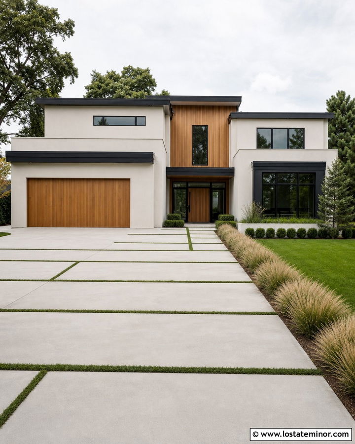 Warm White Modern House With Grass Joint Driveway - 30 Warm White House Design With Driveway Ideas