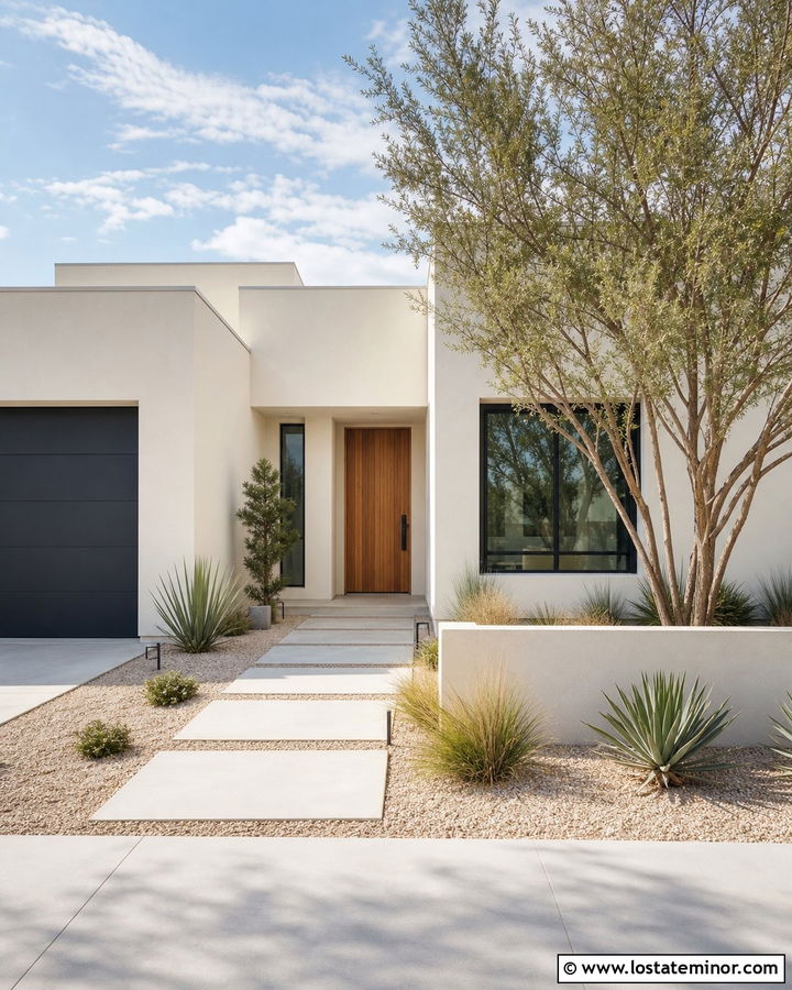 Warm White Modern House With Gravel Landscaping - 30 Warm White House Design With Front Yard Ideas
