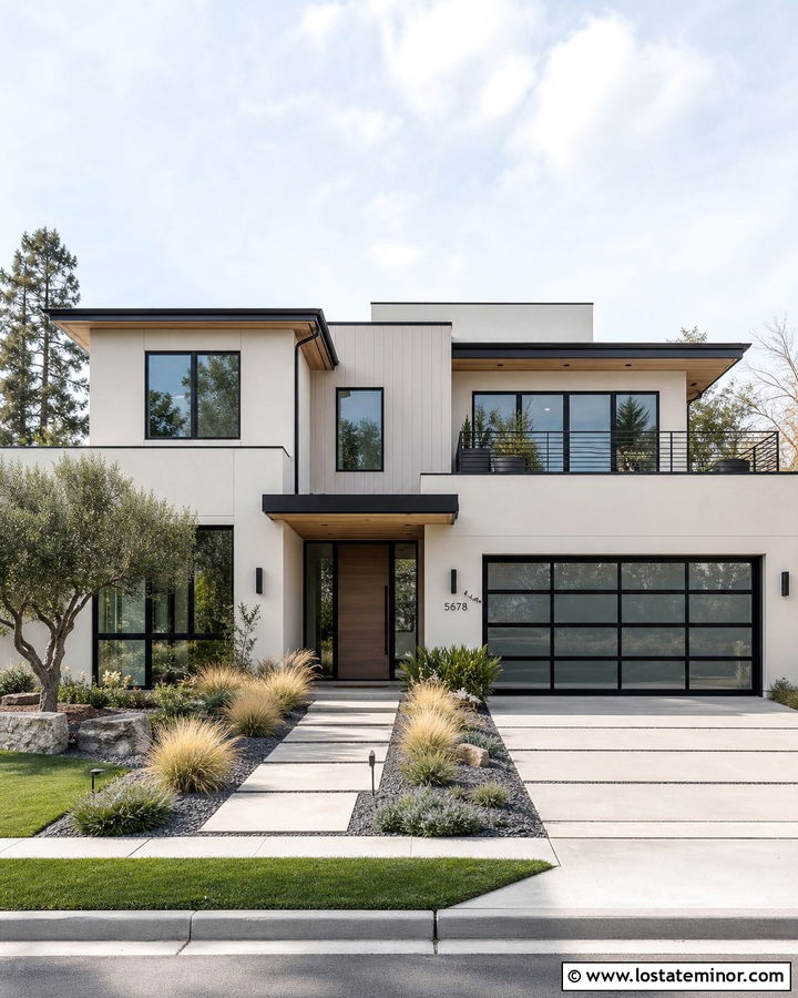 Warm White Modern House With Ornamental Grass - 30 Warm White House Design With Landscaping Ideas
