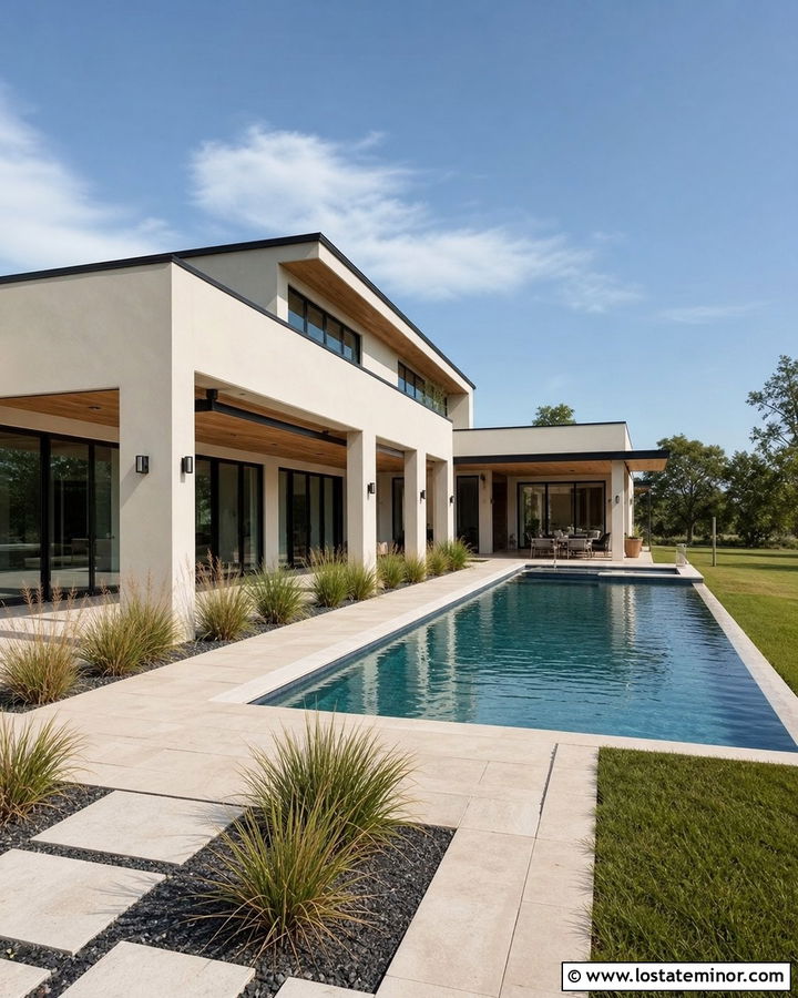 Warm White Modern House With Rectangular Pool - 30 Warm White House Design With Swimming Pool Ideas