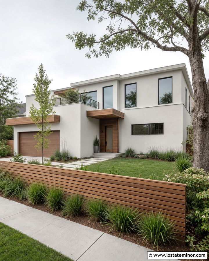 Warm White Modern House With Slatted Wood Fence - 30 Warm White House Design With Fence Ideas