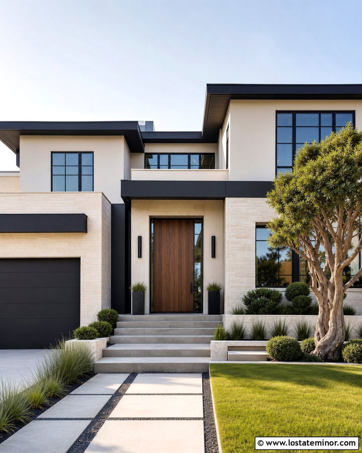 Warm White Modern House With Walnut Front Door - 30 Warm White House Design With Front Door Ideas