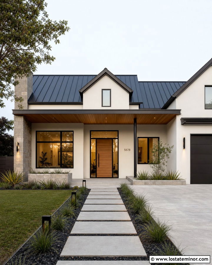 Warm White Modern House With Wood Slat Porch Ceiling - 30 Warm White House Design With Porch Ceiling Ideas
