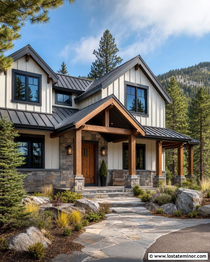 Warm White Mountain House With Charcoal Porch Ceiling - 30 Warm White House Design With Porch Ceiling Ideas