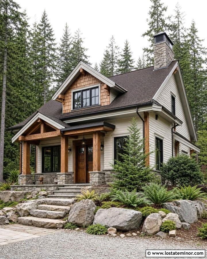 Warm White Mountain House With Fieldstone Steps - 30 Warm White House Design With Steps Ideas