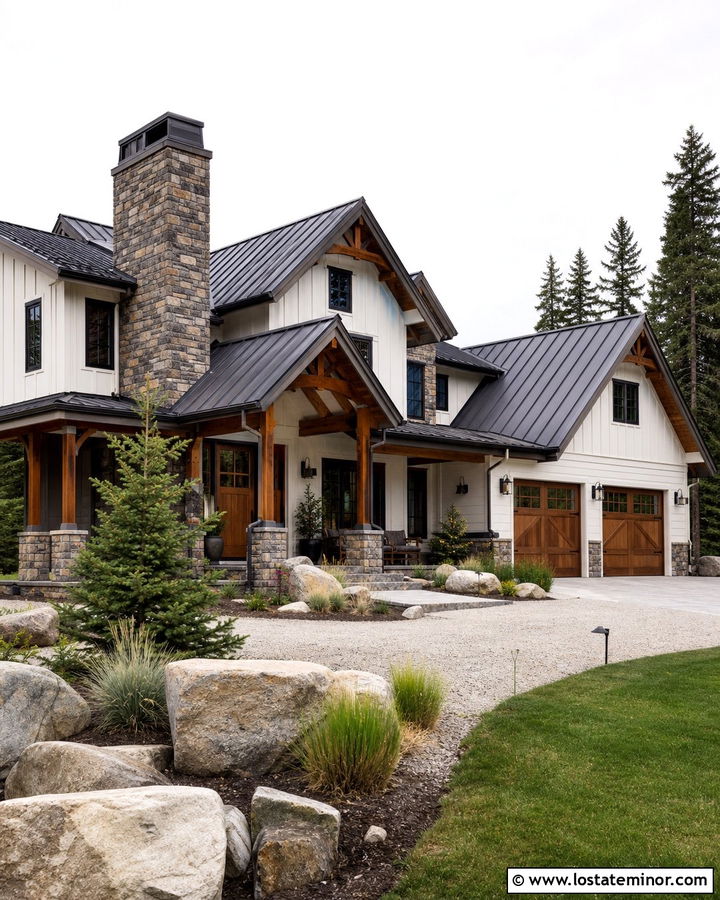 Warm White Mountain House With Ledgestone Chimney - 30 Warm White House Design With Chimney Ideas