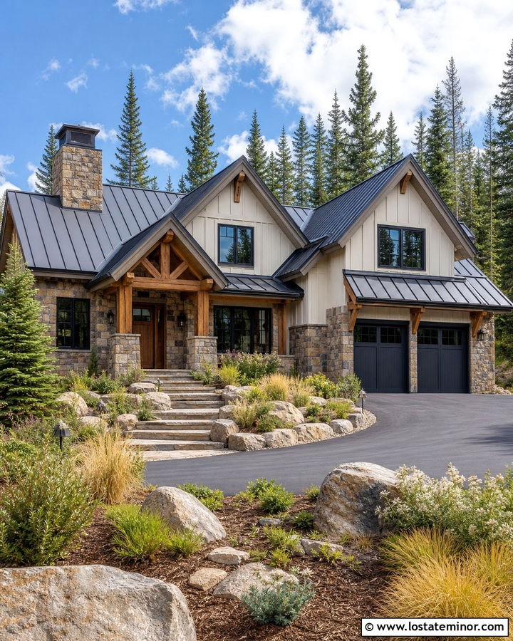 Warm White Mountain House With Rugged Stone - 30 Warm White House Design With Stone Accents Ideas