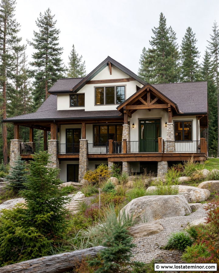 Warm White Mountain House With Rustic Deck - 30 Warm White House Design With Deck Ideas