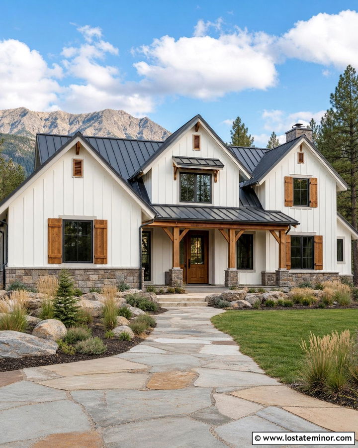 Warm White Mountain House With Stained Cedar Shutters - 30 Warm White House Design With Shutters Ideas