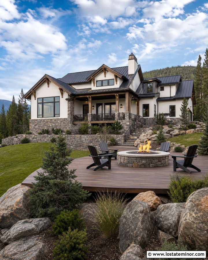Warm White Mountain House With Stone Fire Pit - 30 Warm White House Design With Backyard Ideas