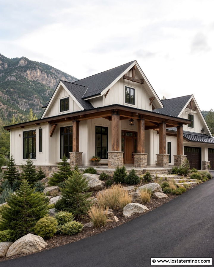 Warm White Mountain House With Stone Porch Columns - 30 Warm White House Design With Porch Columns Ideas