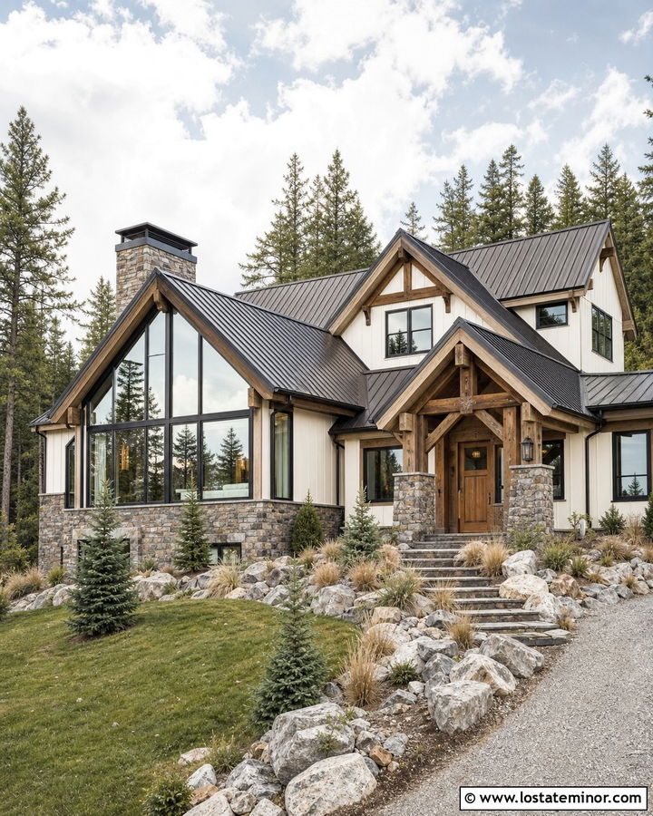 Warm White Mountain House With Stone Sunroom - 30 Warm White House Design With Sunroom Ideas
