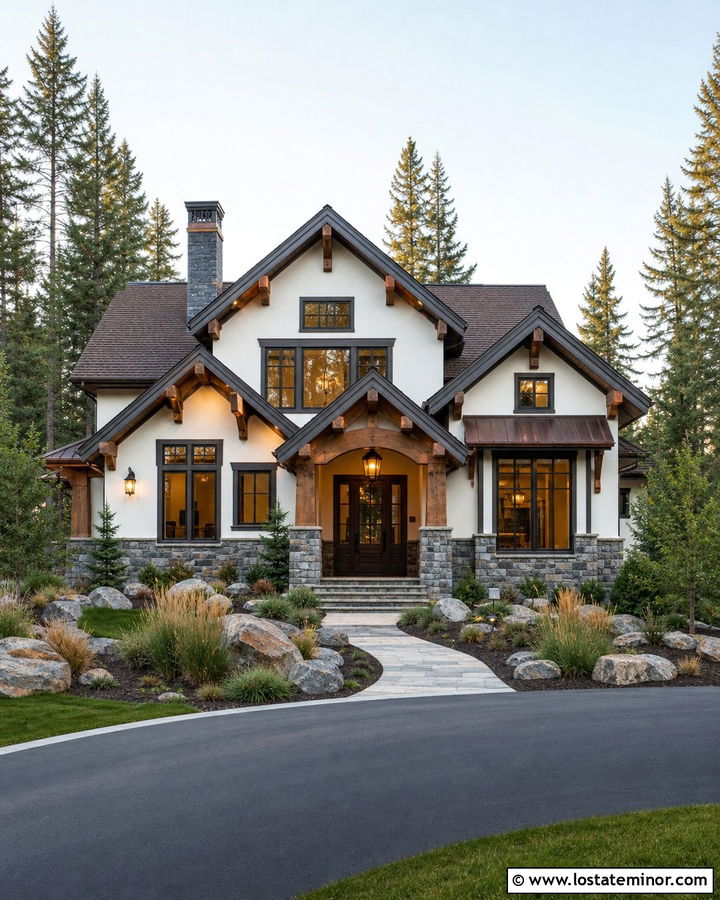 Warm White Mountain House With Timber Downlighting - 30 Warm White House Design With Lighting Ideas