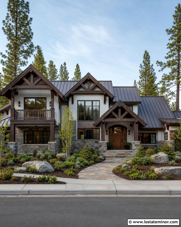 Warm White Mountain House With Timber Gables - 30 Warm White House Design With Gables Ideas