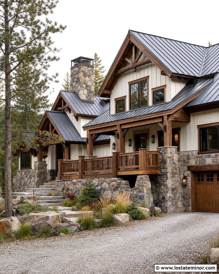 Warm White Mountain House With Timber Railings - 30 Warm White House Design With Railings Ideas