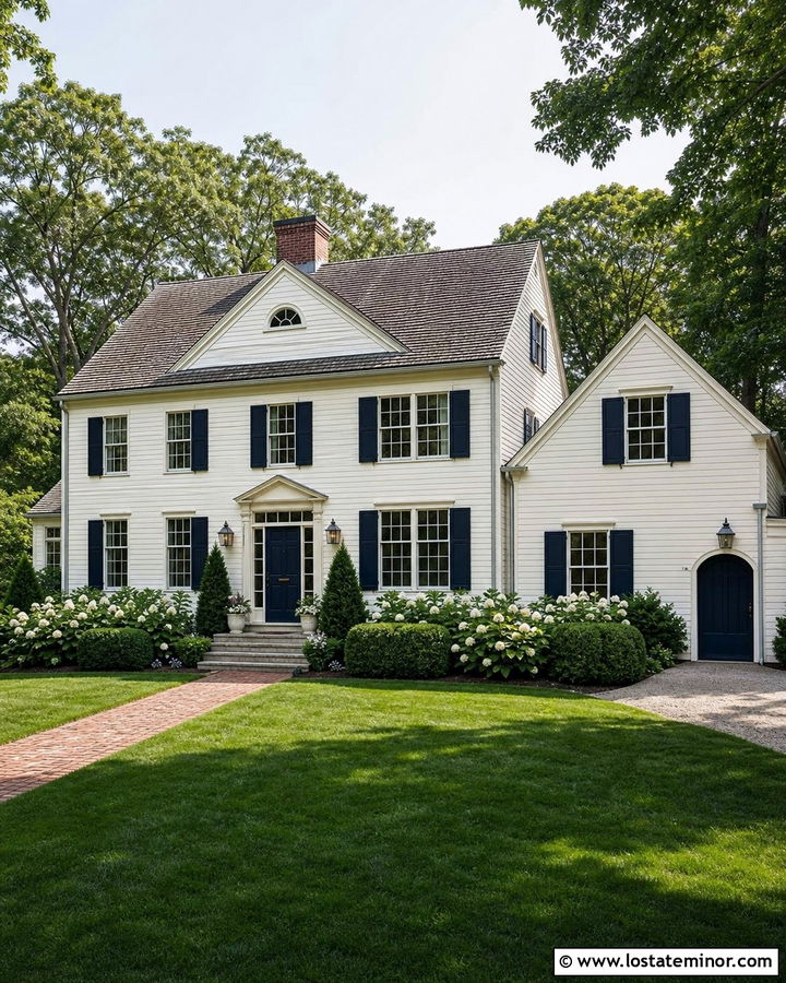 Warm White New England House With Navy Board And Batten Shutters - 30 Warm White House Design With Shutters Ideas