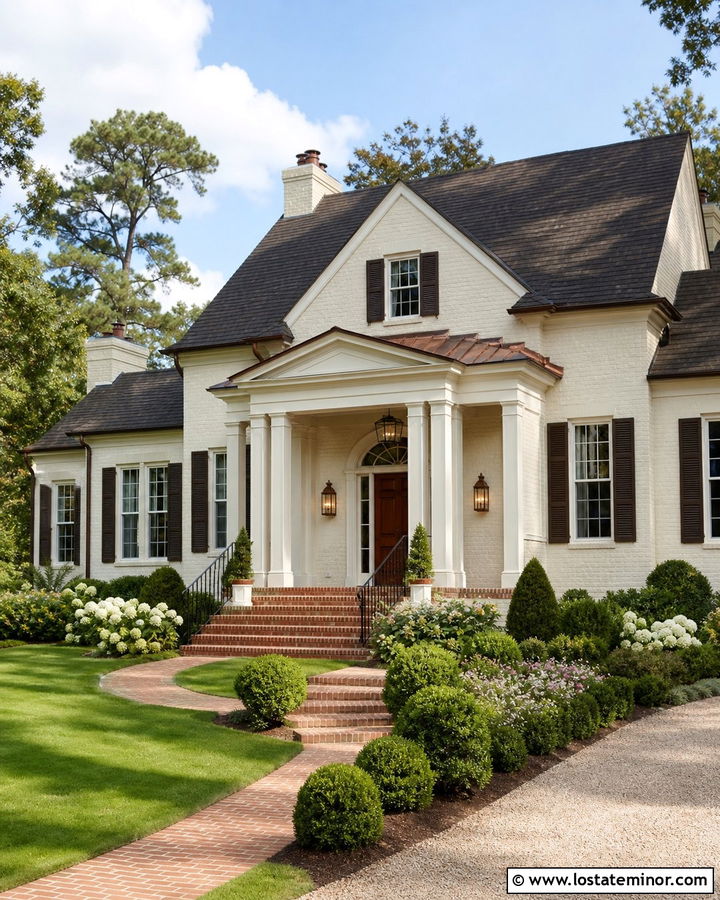 Warm White Painted Brick House With Copper Portico - 30 Warm White House Design With Portico Ideas