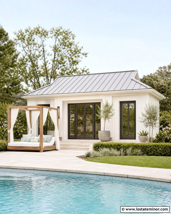 Warm White Pool House With Canopy Daybed - 30 Warm White House Design With Daybed Ideas