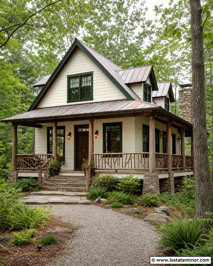 Warm White Porch With Natural Branch Railings - 30 Warm White House Design With Railings Ideas