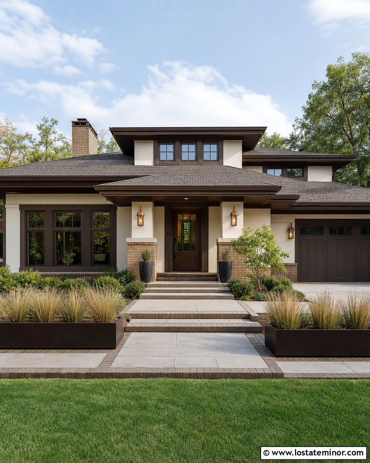 Warm White Prairie House With Brown Storm Door - 30 Warm White House Design With Storm Door Ideas